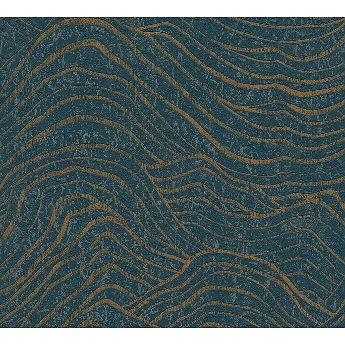 A.S. Création Jade 2 Vliestapete - Dunkelblau-Gold, 3D-Optik, 10,05 x 0,53 m - Abstraktes Wandtapetenmuster in Blau und Gold mit wellenförmigen Linien, das eine strukturierte Oberfläche für ein modernes Raumdesign bietet.