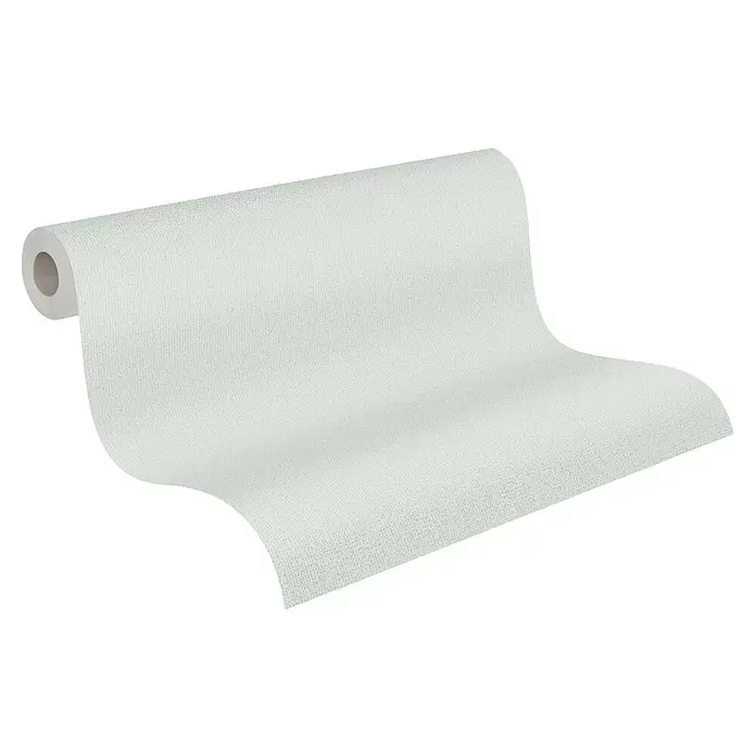 A.S. Création Jade 2 Vliestapete - Mintgrün, Uni, 10,05 x 0,53 m - Rolle hellgrüner, strukturierter Tapete, teilweise abgerollt.