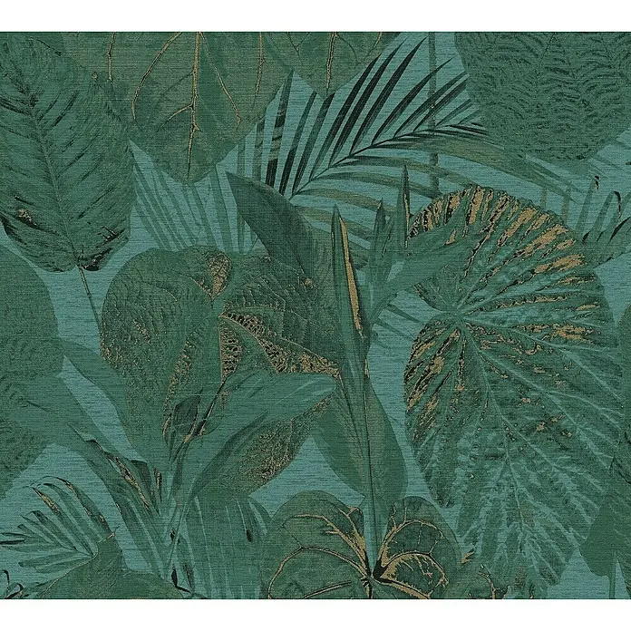 A.S. Création Famous Garden Vliestapete Dschungel - Petrol-Grün-Gold, Floral, 10,05 x 0,53 m - Detailreiche Tapete mit üppigem Blattmuster in Grün- und Goldtönen, ideal für eine natürliche und stilvolle Wandgestaltung im Innenraum.