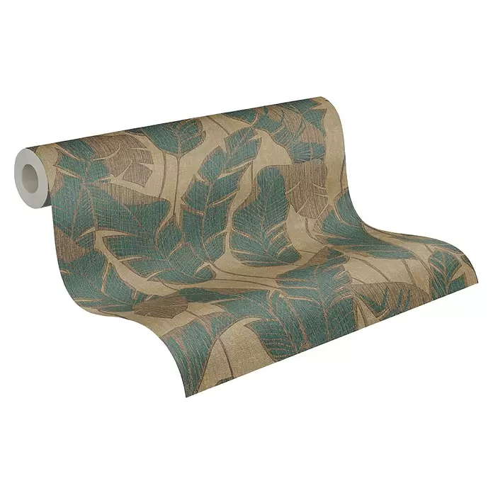 A.S. Création Jade 2 Vliestapete Blätter - Beige-Grün-Schwarz, Floral, 10,05 x 0,53 m - Tapetenrolle mit tropischem Blattmuster in Petrol und Braun, teilweise abgerollt.