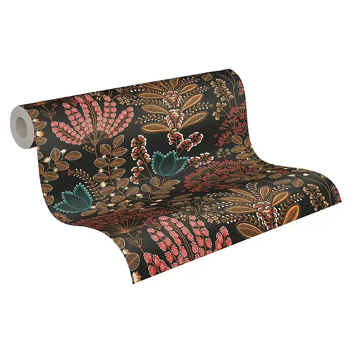 A.S. Création Famous Garden Vliestapete - Schwarz-Bunt-Petrol, Floral, 10,05 x 0,53 m - Rolle dunkle Tapete mit aufwendigem botanischem Muster in Rot, Orange und Türkis.