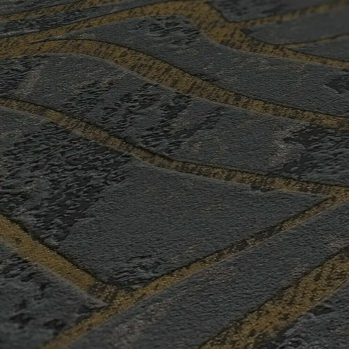 A.S. Création Jade 2 Vliestapete - Schwarz-Silber, 3D-Optik, 10,05 x 0,53 m - Nahaufnahme einer strukturierten Tapete mit einem Muster aus dunklen Blöcken und goldenen Akzenten, die eine luxuriöse und moderne Ästhetik erzeugt.