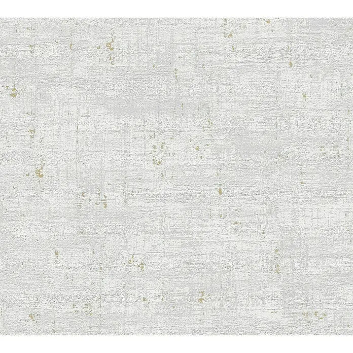 A.S. Création Stories of Life Vliestapete - Grau-Creme-Gold, Uni, 10,05 x 0,53 m - Ein elegantes Textilprodukt mit einem dezenten, strukturierten Muster in Weiß- und Grautönen, das eine ruhige und stilvolle Atmosphäre schafft.