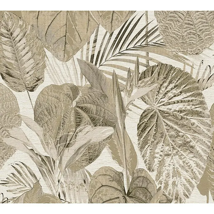 A.S. Création Famous Garden Vliestapete Dschungel - Beige-Taupe, Floral, 10,05 x 0,53 m - Beige Blätter Tapete mit verschiedenen Pflanzenmotiven, perfekt für ein natürliches und beruhigendes Ambiente in jedem Raum.