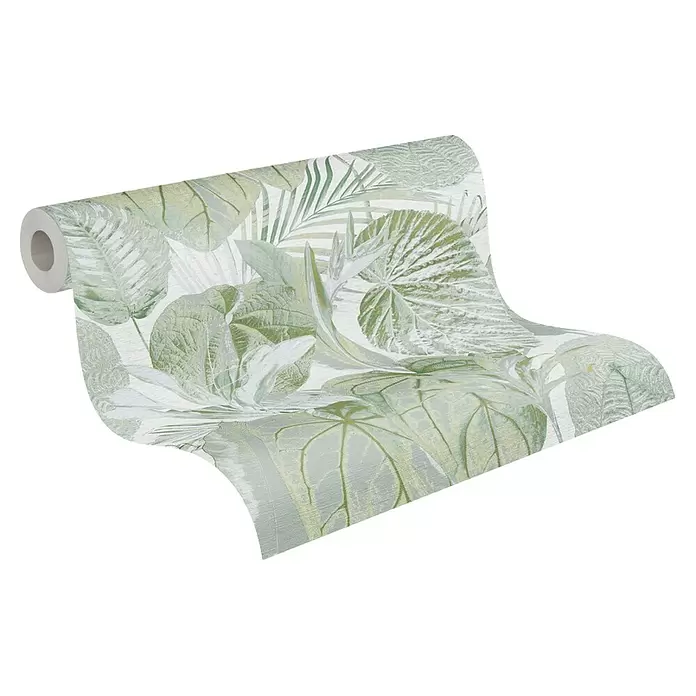 A.S. Création Famous Garden Vliestapete Dschungel - Grün-Weiß-Grau, Floral, 10,05 x 0,53 m - Grüner und weißer Tapetenrolle mit tropischem Blattmuster.