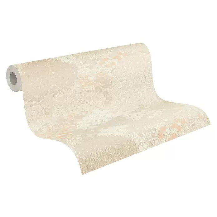 A.S. Création Famous Garden Vliestapete - Beige-Creme-Rosa, Floral, 10,05 x 0,53 m - Teilweise abgerollte hellbeige Tapetenrolle mit dezentem Blumenmuster.