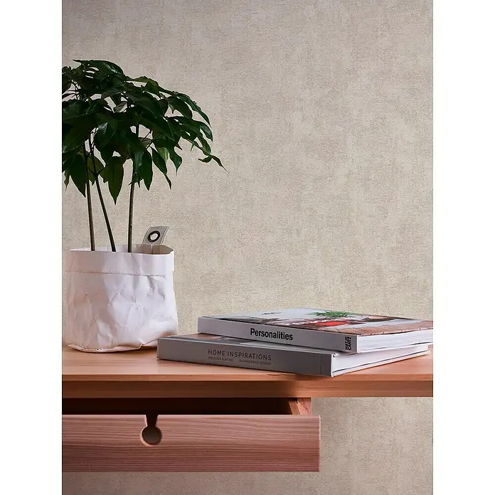 A.S. Création Jade 2 Vliestapete - Beige, Uni, 10,05 x 0,53 m - Nahaufnahme einer Kommode mit einer Zimmerpflanze und zwei Büchern darauf, die ein natürliches und stilvolles Ambiente schaffen.