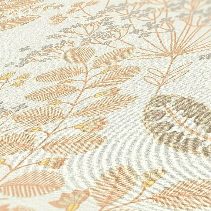 A.S. Création Famous Garden Vliestapete - Weiß-Orange-Gelb, Floral, 10,05 x 0,53 m - Nahaufnahme eines eleganten floralen Tapetenmusters mit feinen Details und harmonischen Farben.