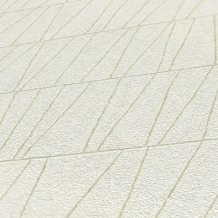 A.S. Création Jade 2 Vliestapete - Weiß/Gold, Grafisch, 10,05 x 0,53 m - Nahaufnahme einer hellen, strukturierten Tapete mit einem dezenten, geometrischen Linienmuster, die eine moderne und elegante Optik bietet.