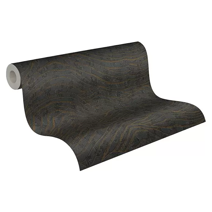 A.S. Création Jade 2 Vliestapete - Schwarz-Silber, 3D-Optik, 10,05 x 0,53 m - Abgerollte Tapetenrolle mit dunkelgrauem, strukturiertem Hintergrund und fließenden goldbraunen Wellenlinien.