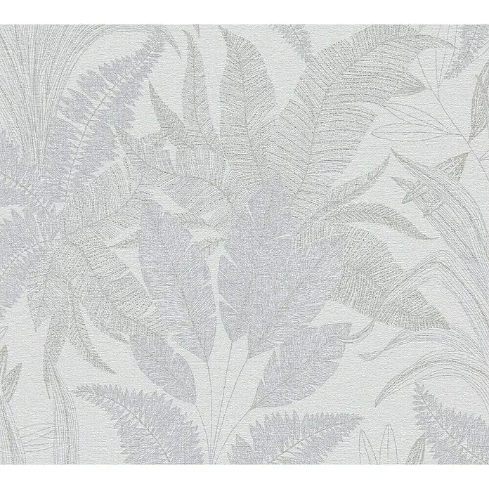 A.S. Création Stories of Life Vliestapete Dschungel - Grau-Creme-Gold, Floral, 10,05 x 0,53 m - Texturiertes Blatt-Tapetenmuster in einem sanften Grauton, ideal für eine ruhige und stilvolle Wandgestaltung im Wohnbereich.