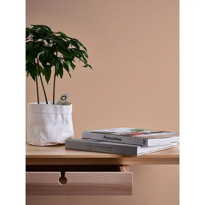 A.S. Création Jade 2 Vliestapete - Rosa-Orange, Uni, 10,05 x 0,53 m - Einrichtungselement mit Pflanze im Papierbeutel, zwei Büchern ("Home Inspirations" und "Personalities") und einer Schublade.