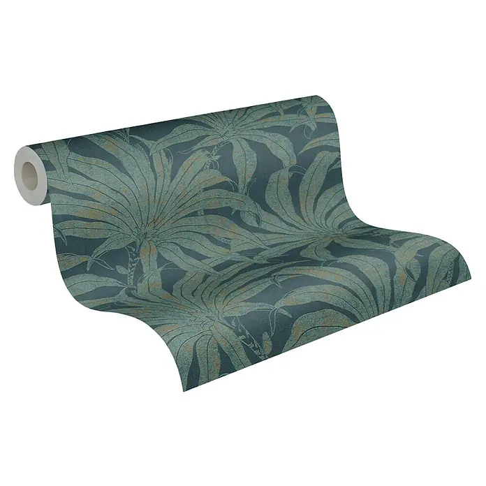 A.S. Création Jade 2 Vliestapete Pflanzen - Petrol-Gold-Blau, Floral, 10,05 x 0,53 m - Eine Rolle Tapete mit einem Muster aus großen, stilisierten tropischen Blättern in gedämpften Blau- und Grüntönen.