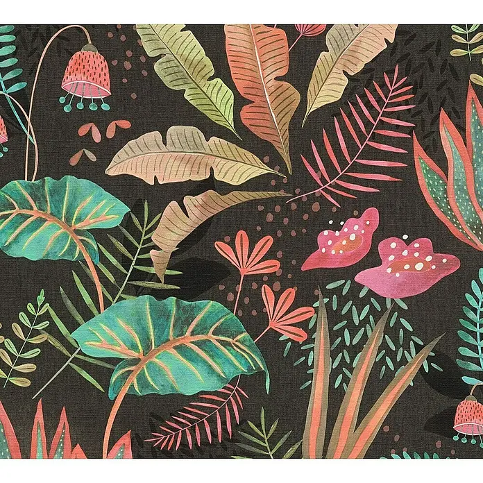 A.S. Création Famous Garden Vliestapete - Schwarz-Bunt-Grün, Floral, 10,05 x 0,53 m - Tropische Stoffmuster mit floralen Akzenten auf dunklem Grund. Lebendige Farben und exotische Blätter erwecken eine Dschungelatmosphäre.