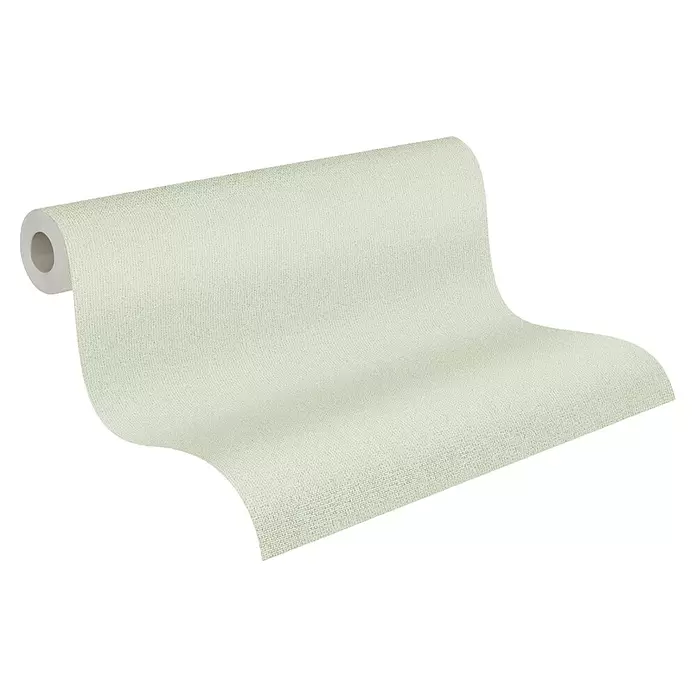 A.S. Création Jade 2 Vliestapete - Pastellgrün, Uni, 10,05 x 0,53 m - Rolle strukturierter, hellgrüner Tapete, teilweise abgerollt.