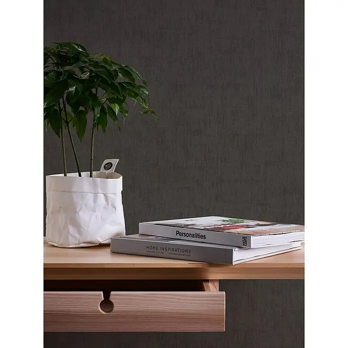 A.S. Création Jade 2 Vliestapete - Schwarz, Uni, 10,05 x 0,53 m - Dekorative Zimmerpflanze in weißem Übertopf auf einem Holzschreibtisch mit zwei Büchern. Perfekt als Akzent für ein modernes Zuhause.