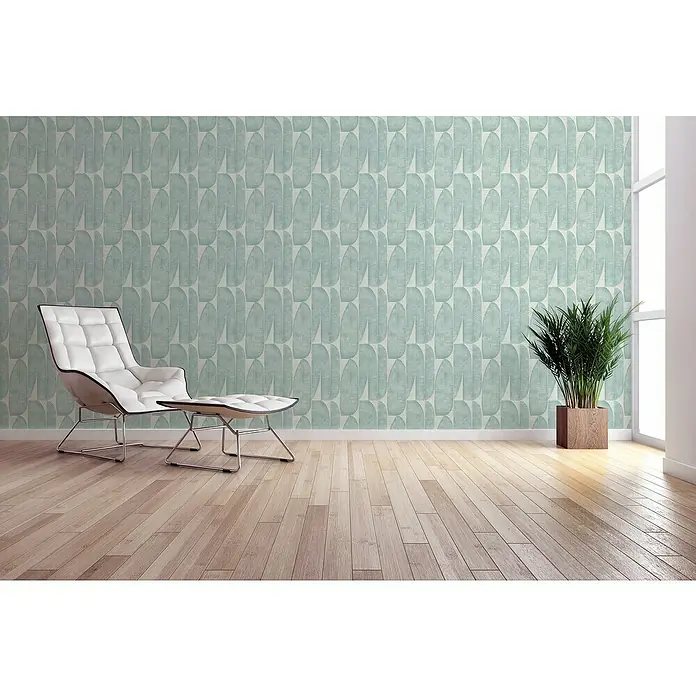 A.S. Création Stories of Life Vliestapete - Grauweiß-Aquablau, Floral, 10,05 x 0,53 m - Elegantes Interieur mit auffälliger grafischer Tapete, modernem Sessel und Zimmerpflanze, die eine stilvolle und entspannende Atmosphäre schaffen.