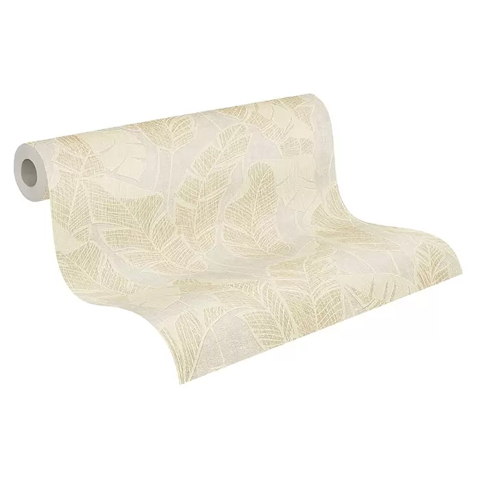 A.S. Création Jade 2 Vliestapete Blätter - Weiß-Beige-Gold, Floral, 10,05 x 0,53 m - Helle beige Tapetenrolle mit subtilem Blattmuster, ausgerollt zur Präsentation.