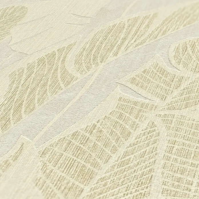 A.S. Création Jade 2 Vliestapete Blätter - Weiß-Beige-Gold, Floral, 10,05 x 0,53 m - Nahaufnahme einer strukturierten Tapete in Creme- und Beigetönen mit Blattmuster für eine natürliche Wandgestaltung.