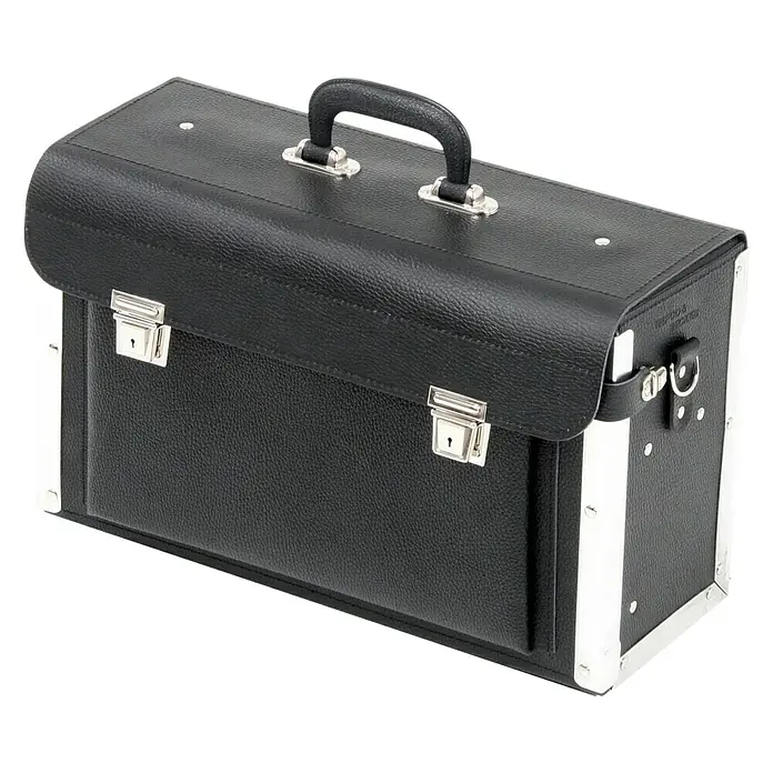 Hepco & Becker Werkzeugtasche Favorit 7163 - Innenmaß: B x T x H: 420 x 150 x 250 mm, Leder, Farbe: Schwarz - Eine elegante, schwarze Leder Aktentasche mit silbernen Akzenten. Perfekt für Büro und Geschäftsreisen, stilvoll und funktional.