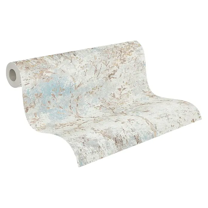 A.S. Création Stories of Life Vliestapete Zweig - Blau-Beige-Gold, Floral, 10,05 x 0,53 m - Eine Rolle stilvolle Vliestapete mit einem abstrakten Baumdesign in sanften Blau-, Beige- und Weißtönen für eine elegante Wandgestaltung.