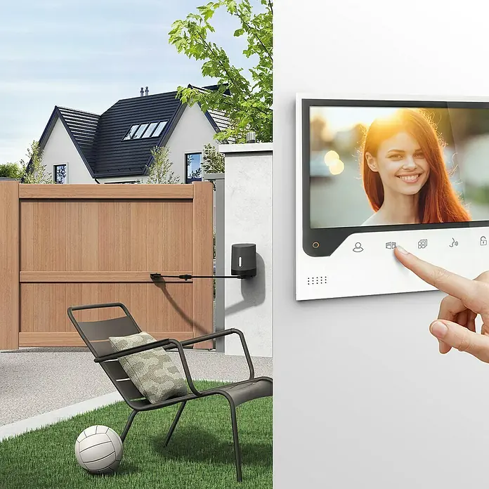Avidsen Mecanismo de puerta de garaje Orane Connect - Anchura puerta: 0 m - 2,5 m - Imagen de un sistema de videointercomunicador inteligente con un dedo en la pantalla para una fácil operación y mayor seguridad en el hogar.