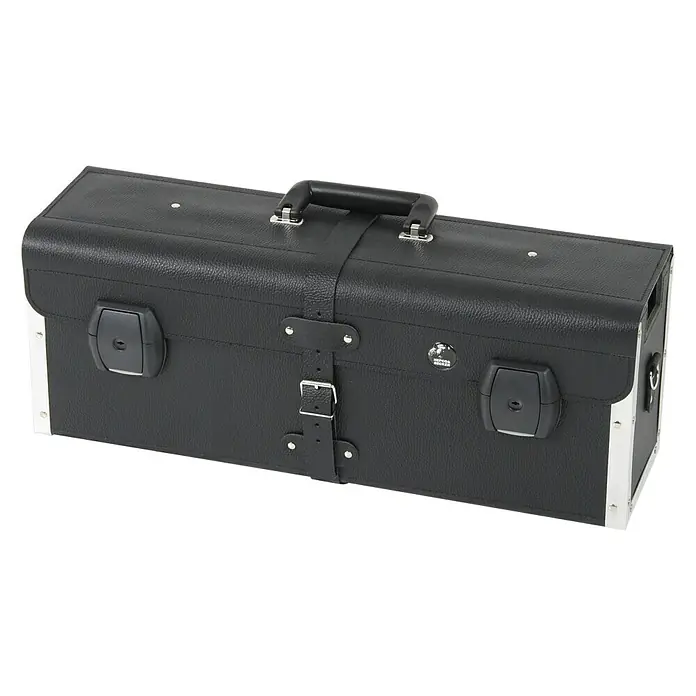 Hepco & Becker Werkzeugtasche Favorit 7125 - Innenmaß: B x T x H: 610 x 160 x 220 mm, Leder - Schwarzer Instrumentenkasten mit silberfarbenen Beschlägen und einem robusten Tragegriff für sicheren Transport.
