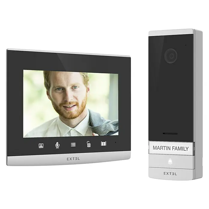 Extel Farb-Video-Türsprechanlage Connect 2 - 2-Draht-Technik, Bildschirmgröße: 7″, 800 x 480 Pixel, Extel Connect App - Das Extel-Video-Türsprechanlagen-Set bietet ein benutzerfreundliches Display und eine Außenstation mit Kamera für mehr Sicherheit und Komfort.