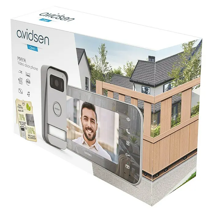 Avidsen Türklingel mit Kamera Video Türsprechanlage MayaSilber, 800 x 480 Pixel - Das Bild zeigt die Verpackung der Avidsen MAYA Video Türsprechanlage, die umweltfreundliche Materialien wie recyceltes Plastik und Aluminium verwendet.