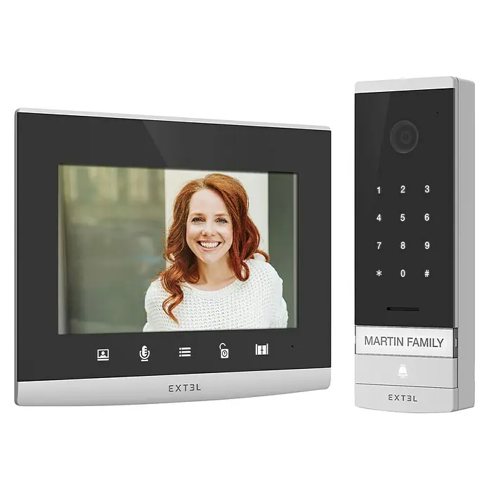 Extel Farb-Video-Türsprechanlage Code Connect - 2-Draht-Technik, Bildschirmgröße: 7″, 1.296 x 732 Pixel, Smarte Steuerung: Extel Connect - Ein modernes Türkommunikationssystem von EXTEL mit einem Display und einer separaten Einheit mit Tastenfeld für den Zugang.