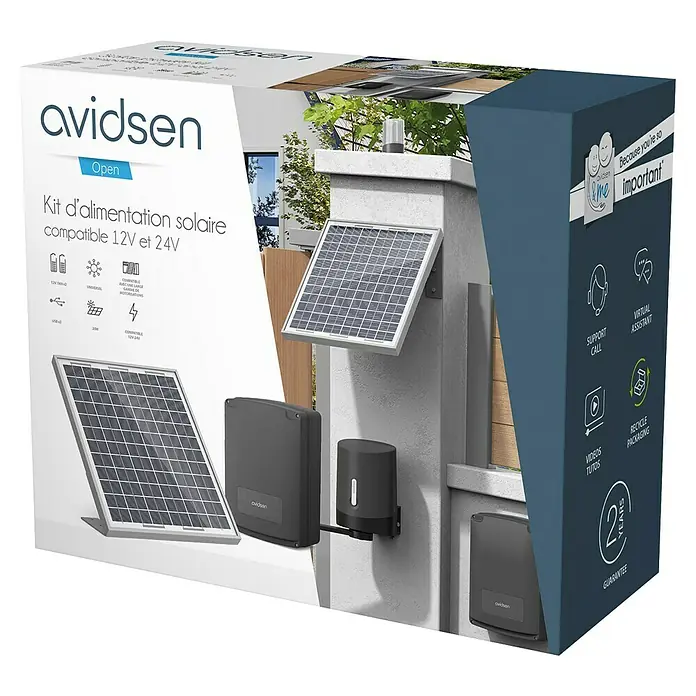 Kit de alimentación solar - IP44, Con energía solar - Imagen del kit de energía solar avidsen, compatible con 12V y 24V. Incluye panel solar, controlador y garantía de 2 años.