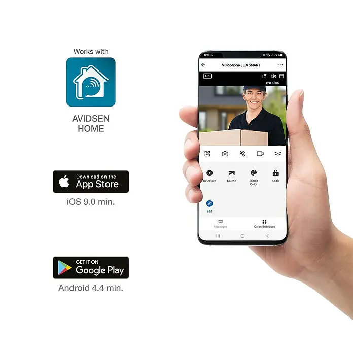 Avidsen Türklingel mit Kamera Smarte Video Türsprechanlage Elia - Weiß, Silber, 800 x 480 Pixel - Bildschirmansicht der Avidsen Home App auf einem Smartphone mit der Anzeige einer Video-Türklingel mit einem Paketboten.