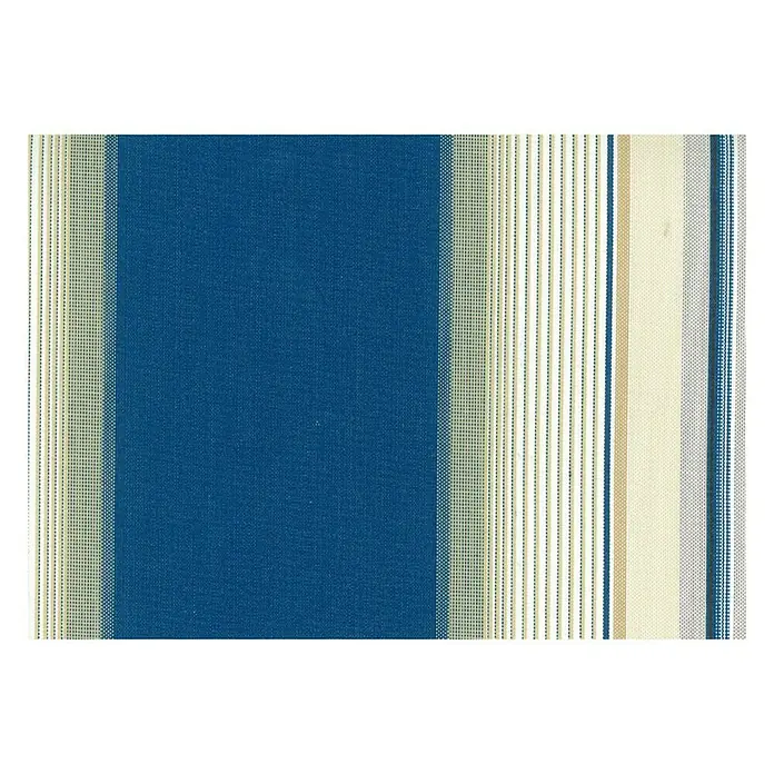 Sunfun Ersatztuch - Blau/Grau/Beige, Breite: 3,5 m, Ausfall: 3 m, Passend für: Sunfun Vollkassettenmarkise Blau/Grau/Beige 3,5 x 3 m - Nahaufnahme eines gestreiften Stoffmusters in Blau-, Beige- und Weißtönen, ideal für Polster oder Dekorationsprojekte.