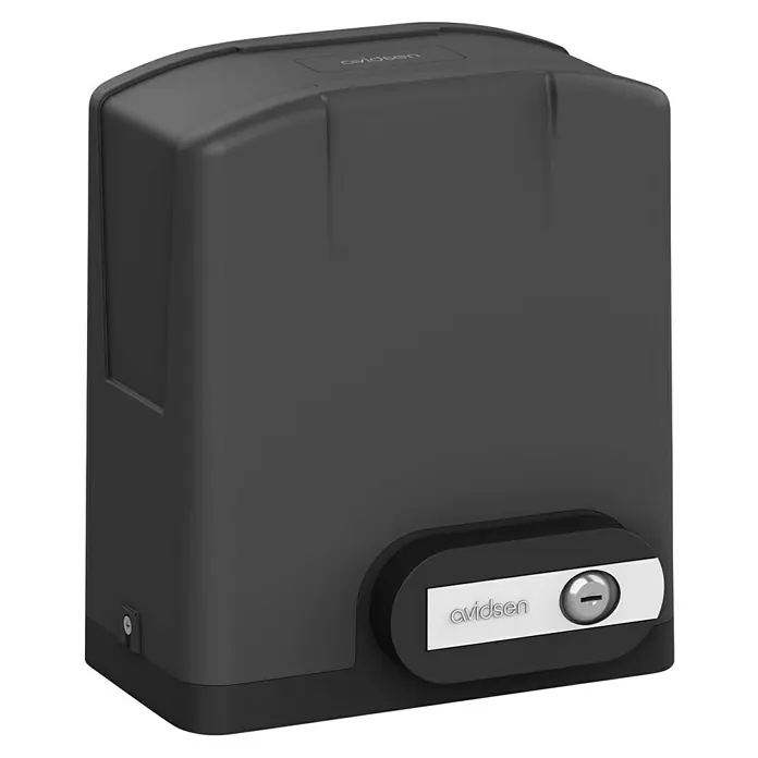 Avidsen Mecanismo de puerta de garaje Orea Connect - Superficie de puerta: 0 m² - 8 m², Fuerza de tracción: 300 N - La imagen muestra un motor para puertas correderas Avidsen negro. Es un dispositivo robusto y resistente a la intemperie para uso en exteriores.