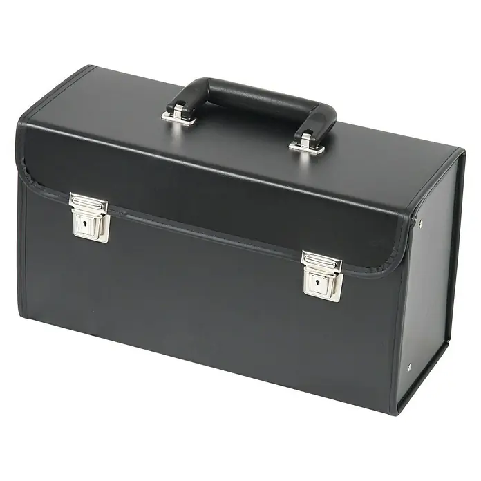 Hepco & Becker Werkzeugtasche Favorit 7130 - Innenmaß: B x T x H: 400 x 150 x 210 mm, Hartpappe - Schwarzer Aktenkoffer mit silbernen Schlössern und Griff auf schwarzem Hintergrund, ideal für den stilvollen Transport wichtiger Dokumente.