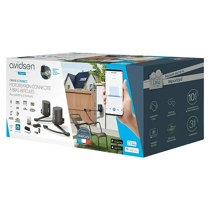 Avidsen Mecanismo de puerta de garaje Orane Connect - Anchura puerta: 0 m - 2,5 m - Imagen de una caja Avidsen Crane Connect para la automatización de puertas batientes, que incluye funciones como el control de aplicaciones y la garantía anticorrosión.