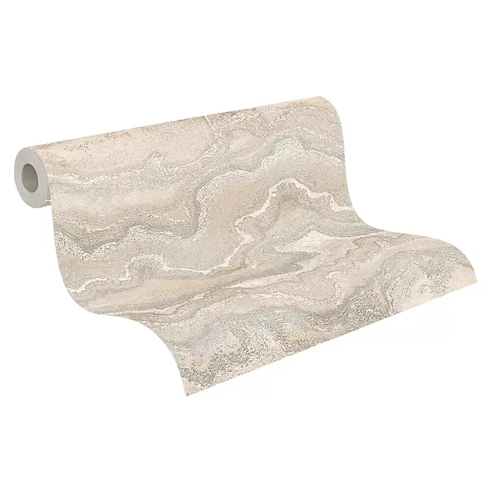 A.S. Création Stories of Life Vliestapete Marmoroptik Metallic-Effekt - Beige-Creme-Silber, Steinoptik, 10,05 x 0,53 m - Rolle strukturierter Tapete mit beigem und grauem Marmormuster, teilweise abgerollt.