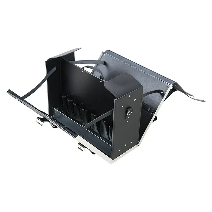 Hepco & Becker Werkzeugtasche Favorit 7121 - Innenmaß: B x T x H: 420 x 170 x 320 mm, Leder - Geöffnete, schwarze und silberne Kosmetikkoffer für Profis mit Fächern. Ideal für Maskenbildner und Visagisten zur Organisation.
