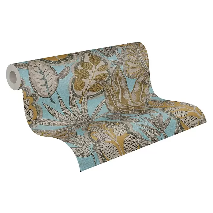A.S. Création Famous Garden Vliestapete Blatt - Hellblau-Gelb-Braun, Floral, 10,05 x 0,53 m - Strukturierte Tapetenrolle mit hellblauem Hintergrund und komplizierten botanischen Mustern in Gold, Olivgrün und Grau. Teilweise abgerollt.