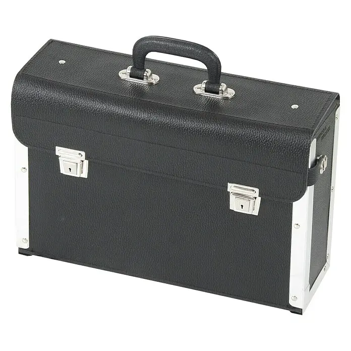 Hepco & Becker Werkzeugtasche Favorit 7164 - Innenmaß: B x T x H: 395 x 120 x 260 mm, Leder - Abbildung eines schwarzen Aktenkoffers aus Leder mit silbernen Akzenten, der einen klassischen und professionellen Look ausstrahlt.