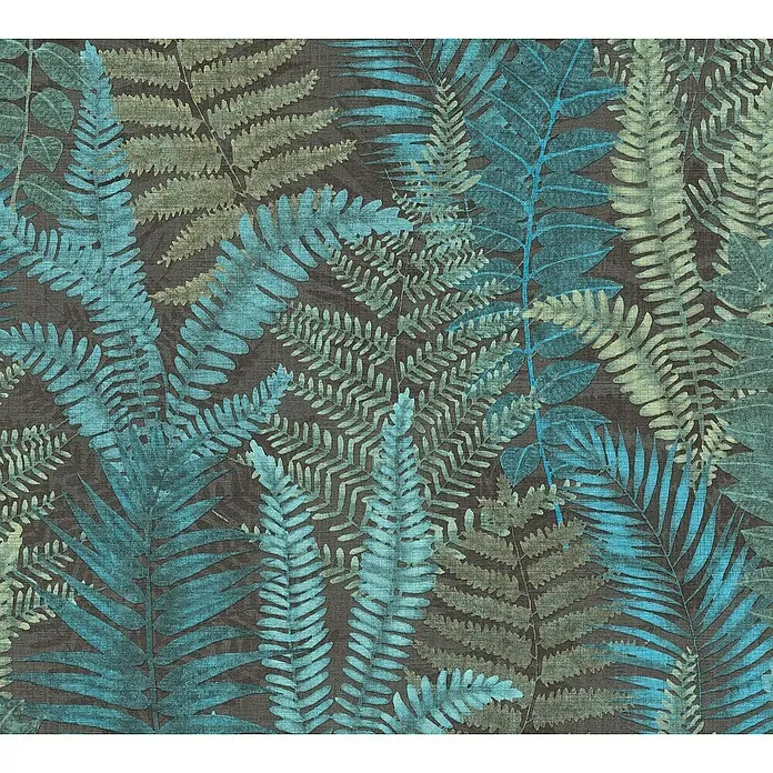 A.S. Création Famous Garden Vliestapete - Schwarz-Blau-Grün, Floral, 10,05 x 0,53 m - Dieses Bild zeigt ein elegantes Blätter Tapetenmuster in den Farben Türkis, Grün und Braun, das eine ruhige und natürliche Atmosphäre schafft.