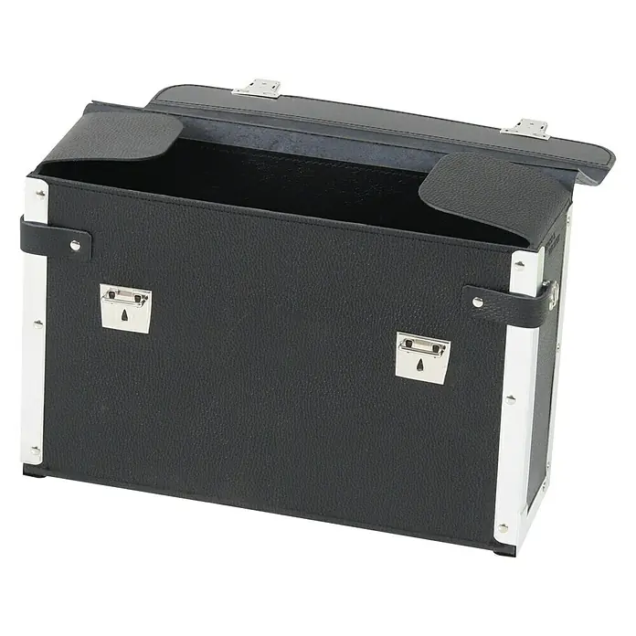 Hepco & Becker Werkzeugtasche Favorit 7164 - Innenmaß: B x T x H: 395 x 120 x 260 mm, Leder - Geöffnete schwarze Dokumentenbox mit silbernen Beschlägen, die einen stilvollen und praktischen Aufbewahrungsort bietet.