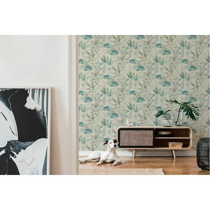 A.S. Création Famous Garden Vliestapete - Beige-Grün-Blau, Floral, 10,05 x 0,53 m - Ein stilvolles Interieur mit einer auffälligen Dschungeltapete, die dem Raum eine lebendige und natürliche Atmosphäre verleiht.