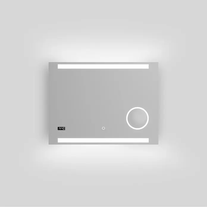 DSK Lichtspiegel Silver Rey - 80 x 60 cm, Silber, Leuchtmittel - Ein moderner LED-Badezimmerspiegel mit integrierter Beleuchtung und digitaler Uhr für ein stilvolles Badambiente.