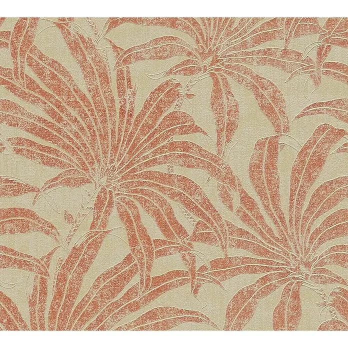 A.S. Création Jade 2 Vliestapete Pflanzen - Beige-Rot-Orange, Floral, 10,05 x 0,53 m - Detailansicht einer floralen Tapete mit tropischen Blattmotiven in Beige- und Terrakottatönen, die eine warme und natürliche Atmosphäre schafft.
