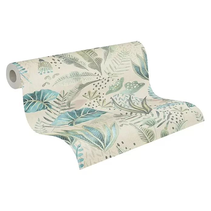 A.S. Création Famous Garden Vliestapete - Beige-Grün-Blau, Floral, 10,05 x 0,53 m - Tapetenrolle mit cremefarbenem Hintergrund und tropischem Muster aus blauen und grünen Blättern.