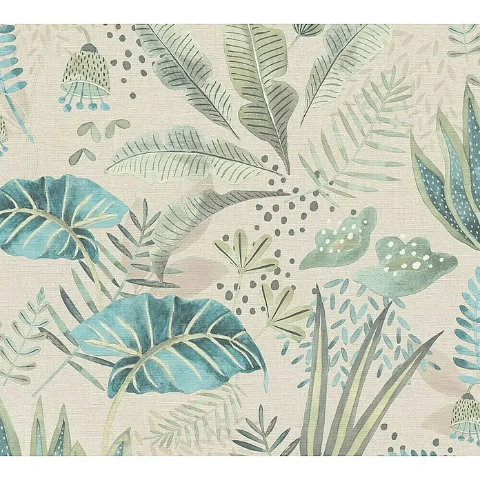 A.S. Création Famous Garden Vliestapete - Beige-Grün-Blau, Floral, 10,05 x 0,53 m - Beiges Stoffmuster mit grünen und blauen tropischen Blättern und Akzenten. Ein dekorativer botanischer Stoff für Heimtextilien und Mode.