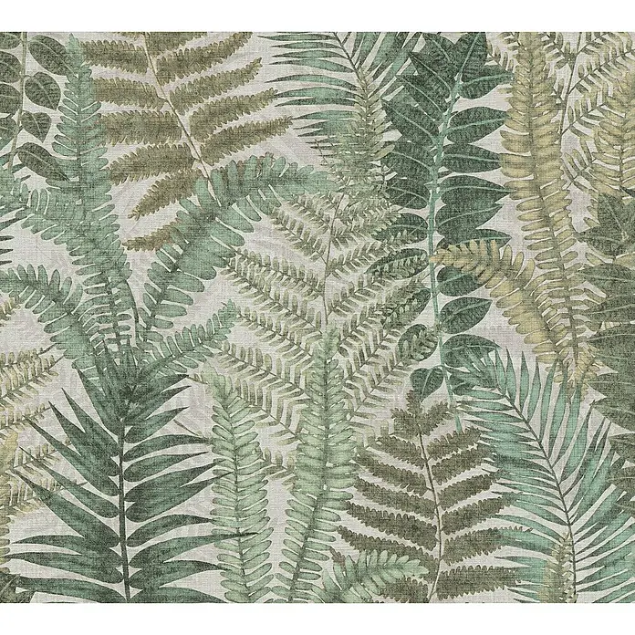 A.S. Création Famous Garden Vliestapete - Beige-Grün-Braun, Floral, 10,05 x 0,53 m - Eine Stofftapete mit einem dichten Muster aus Farnen in verschiedenen Grüntönen, die eine natürliche und ruhige Atmosphäre schafft.