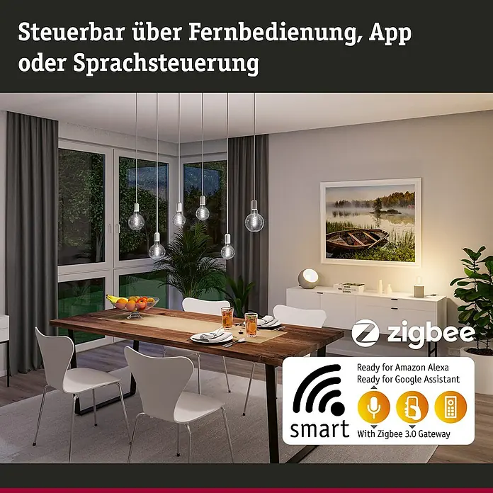 Paulmann Smart-LED-Lampe - E27, Dimmbar, Neutralweiß, 600 lm, 7,5 W, ST64, Tropfen - Das Bild zeigt eine moderne Pendelleuchte mit smarten Funktionen, steuerbar per App, Fernbedienung oder Sprachsteuerung.