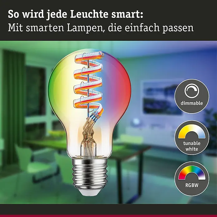 Paulmann Smart-LED-Lampe - E27, Dimmbar, RGBW, 470 lm, 6,3 W, Birne - Smart LED-Lampe mit verschiedenen Farbmodi und Dimmfunktion für eine intelligente Beleuchtung.